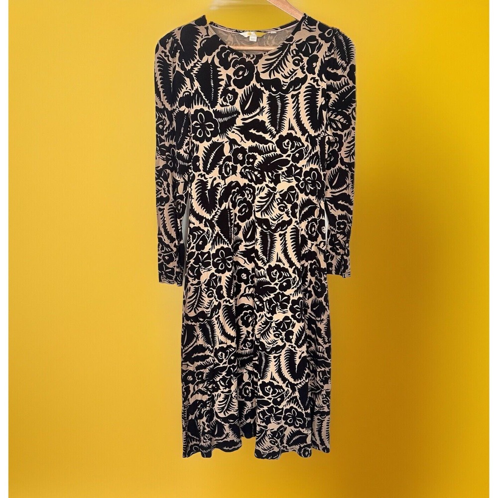 BODEN Crew Neck Jersey Knit Midi Dress Floral Abstract Garden Black Tan Size 8 P - Picture 2 of 16